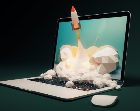 Startup,Concept,With,Rocket,Flying,Out,Of,Laptop,Screen,On Startup concept with rocket flying out of laptop screen on black background. Sideview, 3D Rendering